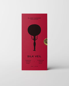 Red box with black silhouette design and 'Silk Veil' branding on a white background