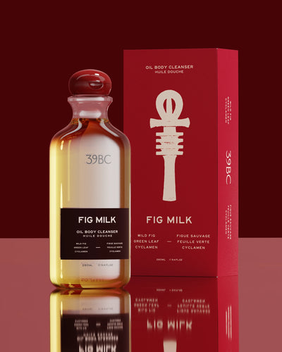 39BC Fig Milk Bath & Shower Oil bottle and box on a red background