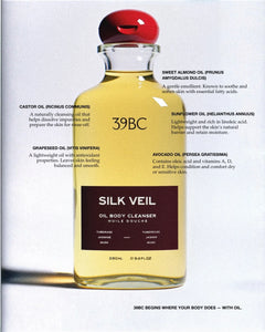 Bottle of 39BC Silk Veil Oil Body Cleanser with a red cap on a white background